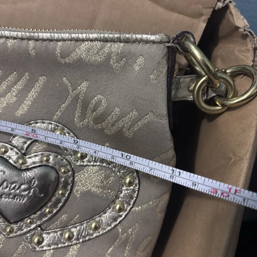 COACH Vtg Gold Satin Script Logo Purse Bag Double Heart Studded Hardware Handbag
